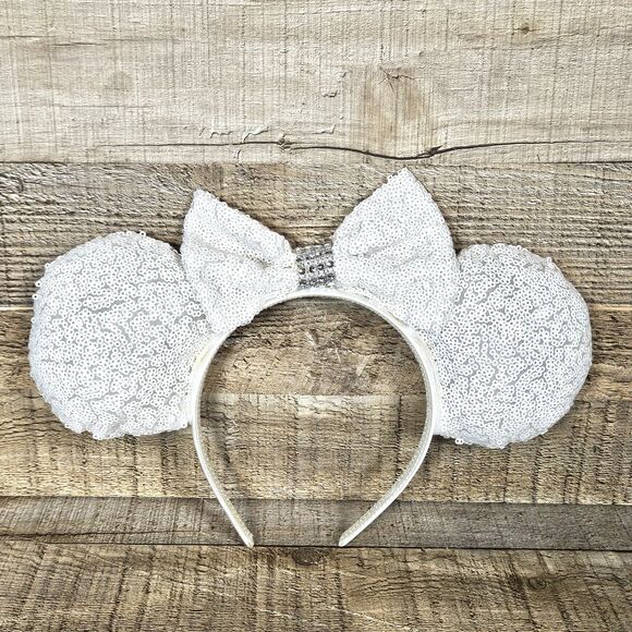 Disney White Sequin Minnie Mouse Ears Bridal Ears Handmade - Picture 2 of 7